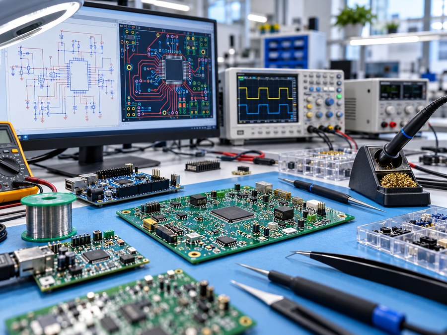 Illustrative PCB development workstation with electronic equipment